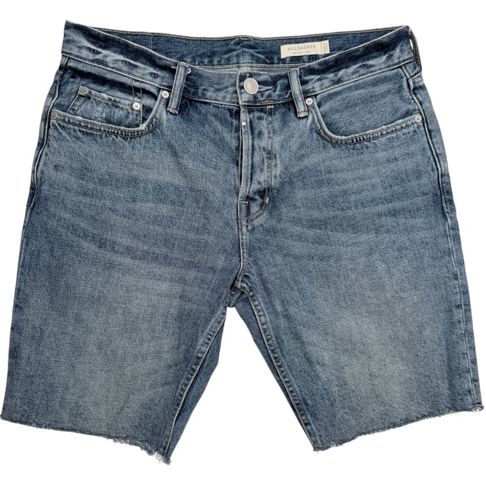AllSaints Switch Denim Shorts Mens 31 Blue Button Fly Hem Designer Jean Shorts